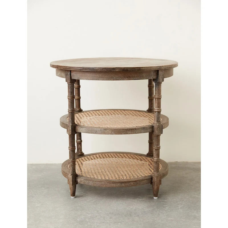 Table ronde en bois de manguier avec 2 étagères en cannage / Table de chevet