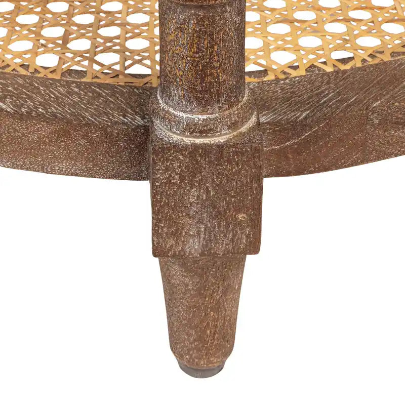 Table ronde en bois de manguier avec 2 étagères en cannage / Table de chevet