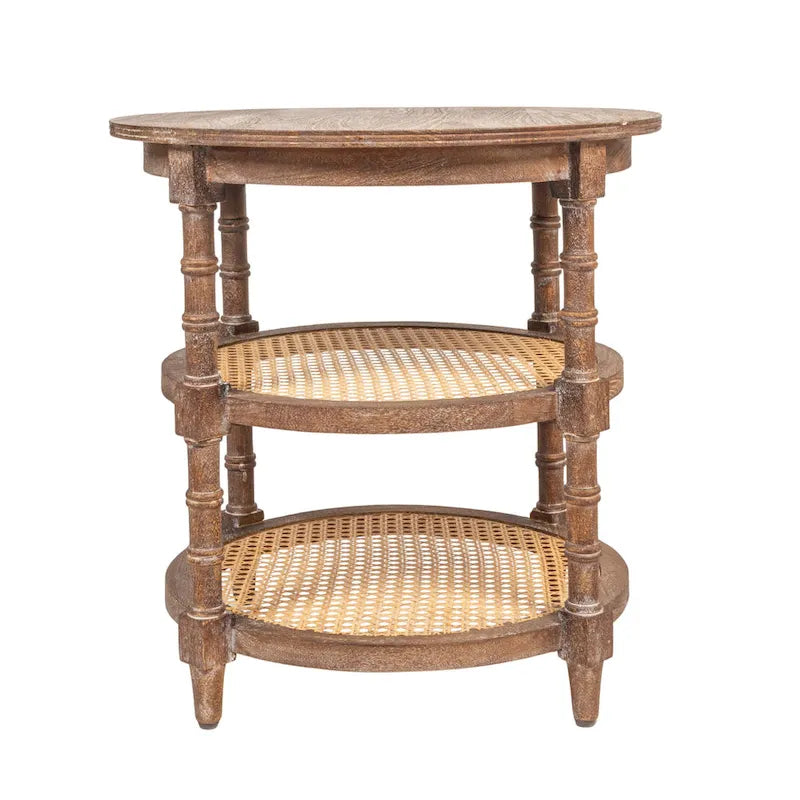 Table ronde en bois de manguier avec 2 étagères en cannage / Table de chevet