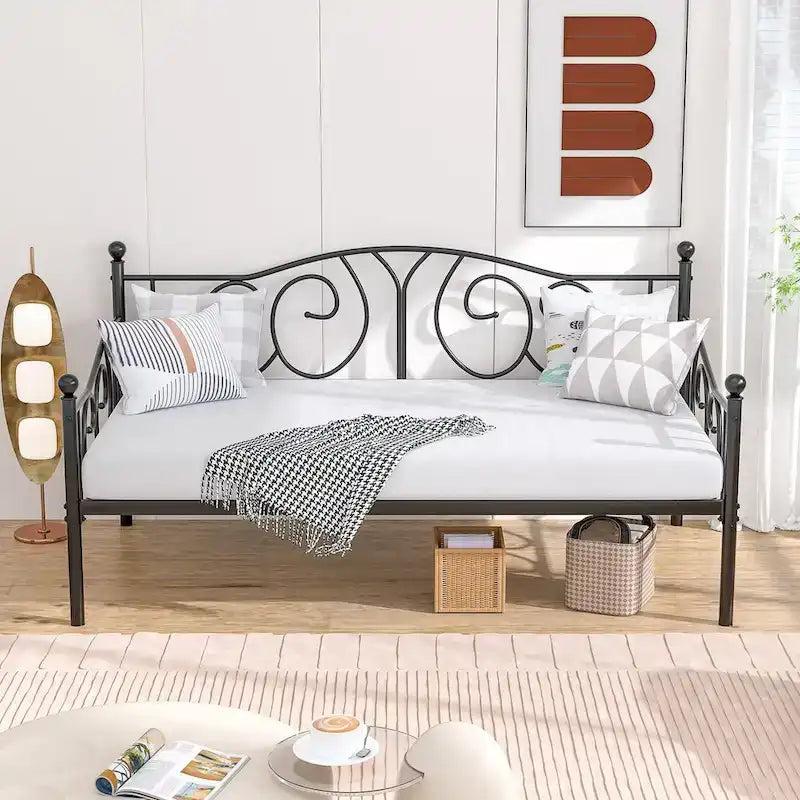 Cadre de lit de repos double en métal avec lattes, sommier classique, aucun sommier tapissier requis