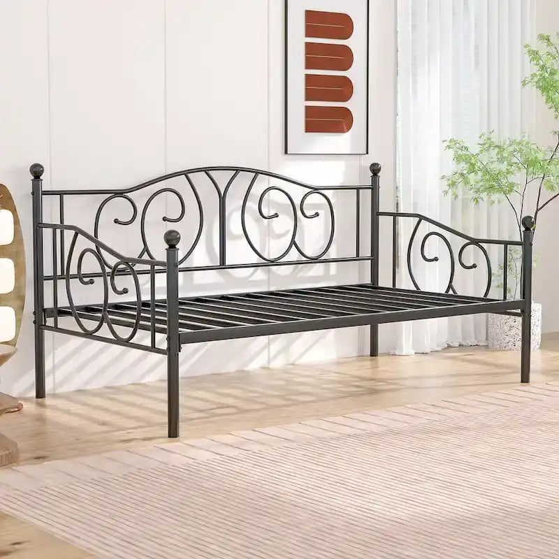 Cadre de lit de repos double en métal avec lattes, sommier classique, aucun sommier tapissier requis
