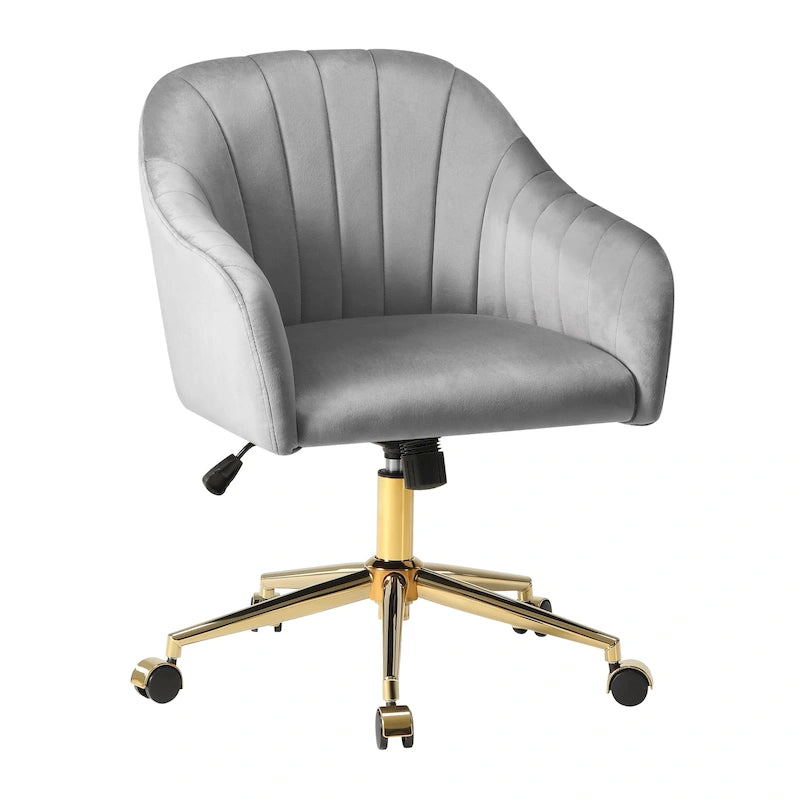 Chaise de bureau pivotante en velours capitonnée et réglable en hauteur avec piètement doré