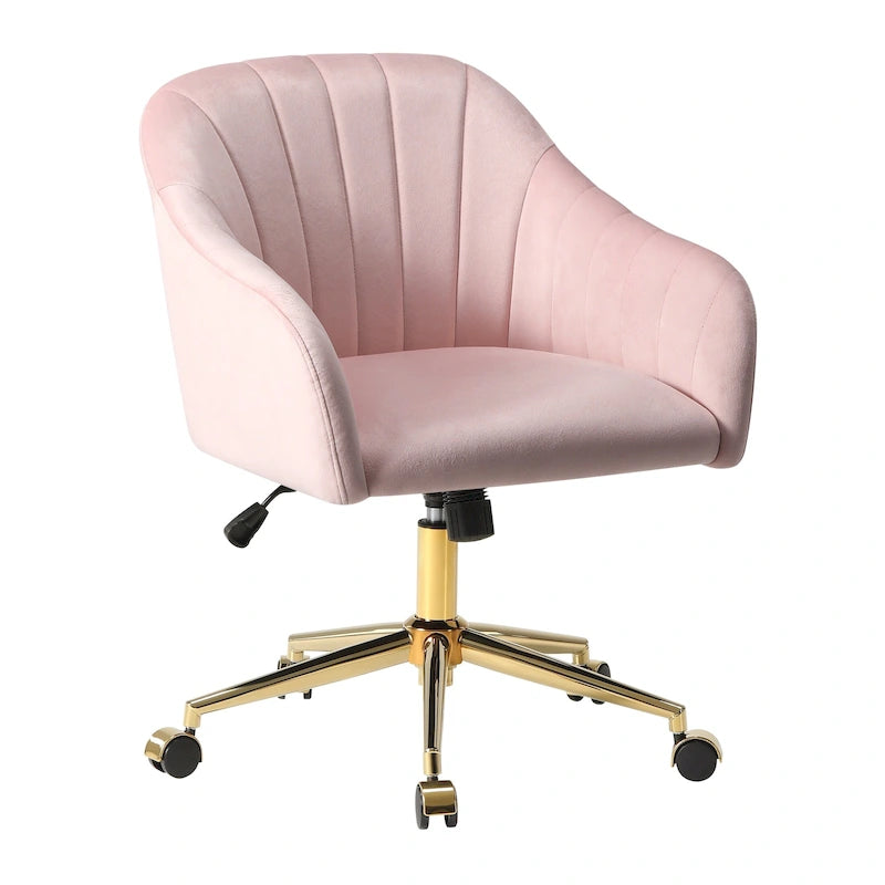 Chaise de bureau pivotante en velours capitonnée et réglable en hauteur avec piètement doré