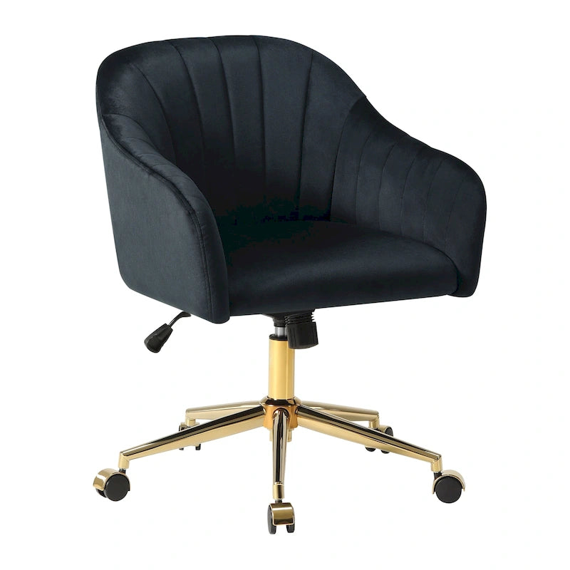 Chaise de bureau pivotante en velours capitonnée et réglable en hauteur avec piètement doré