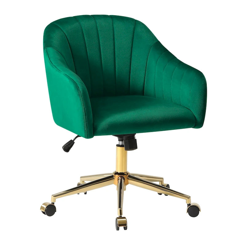 Chaise de bureau pivotante en velours capitonnée et réglable en hauteur avec piètement doré