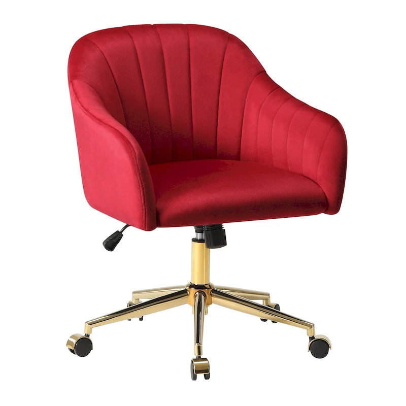 Chaise de bureau pivotante en velours capitonnée et réglable en hauteur avec piètement doré