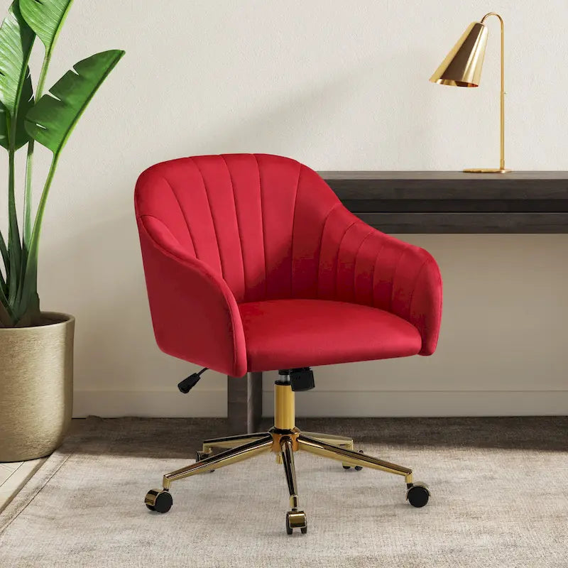 Chaise de bureau pivotante en velours capitonnée et réglable en hauteur avec piètement doré