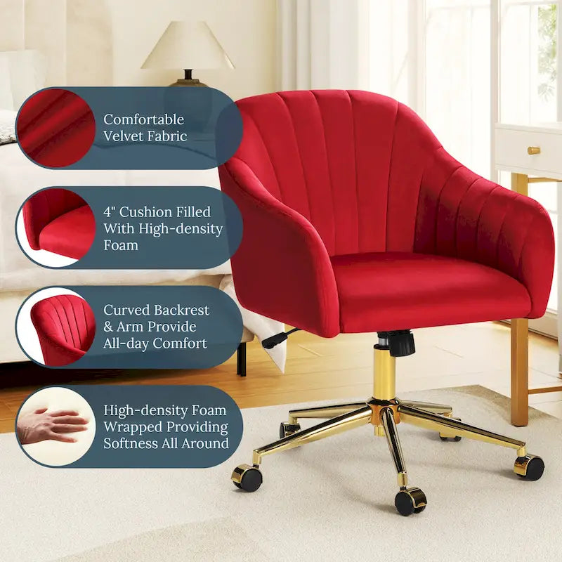 Chaise de bureau pivotante en velours capitonnée et réglable en hauteur avec piètement doré