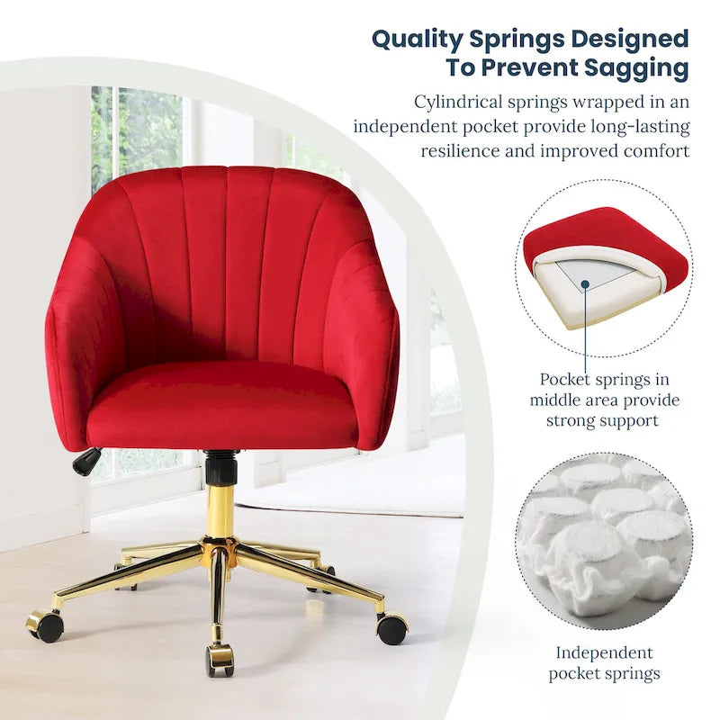 Chaise de bureau pivotante en velours capitonnée et réglable en hauteur avec piètement doré