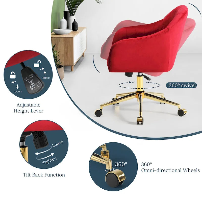 Chaise de bureau pivotante en velours capitonnée et réglable en hauteur avec piètement doré