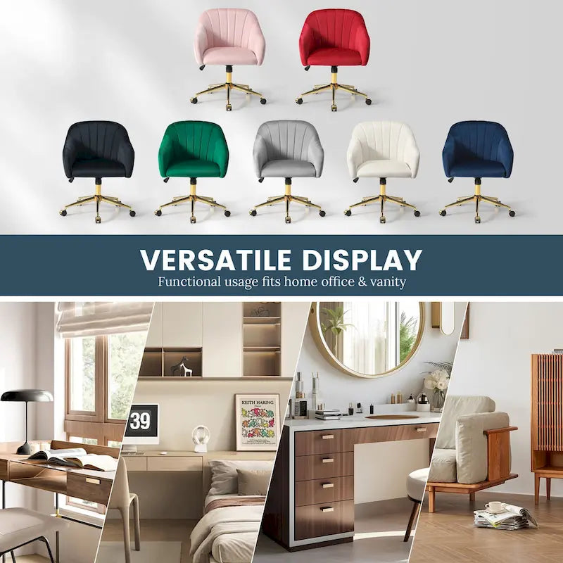 Chaise de bureau pivotante en velours capitonnée et réglable en hauteur avec piètement doré