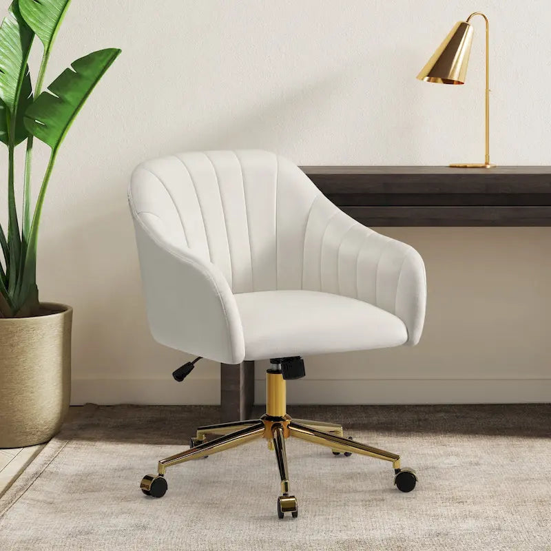 Chaise de bureau pivotante en velours capitonnée et réglable en hauteur avec piètement doré