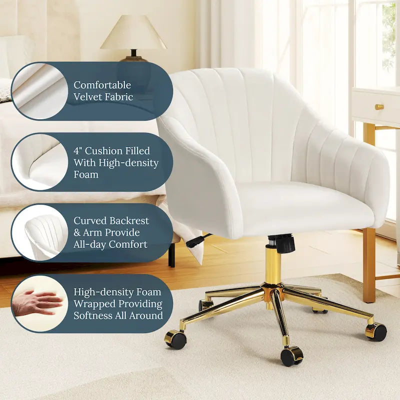 Chaise de bureau pivotante en velours capitonnée et réglable en hauteur avec piètement doré
