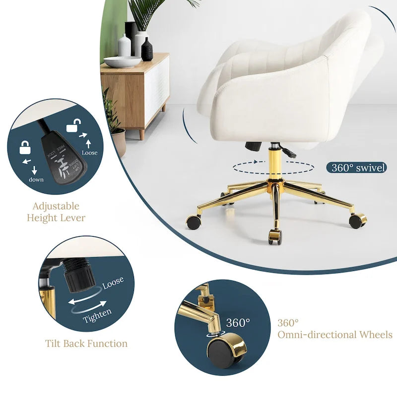Chaise de bureau pivotante en velours capitonnée et réglable en hauteur avec piètement doré