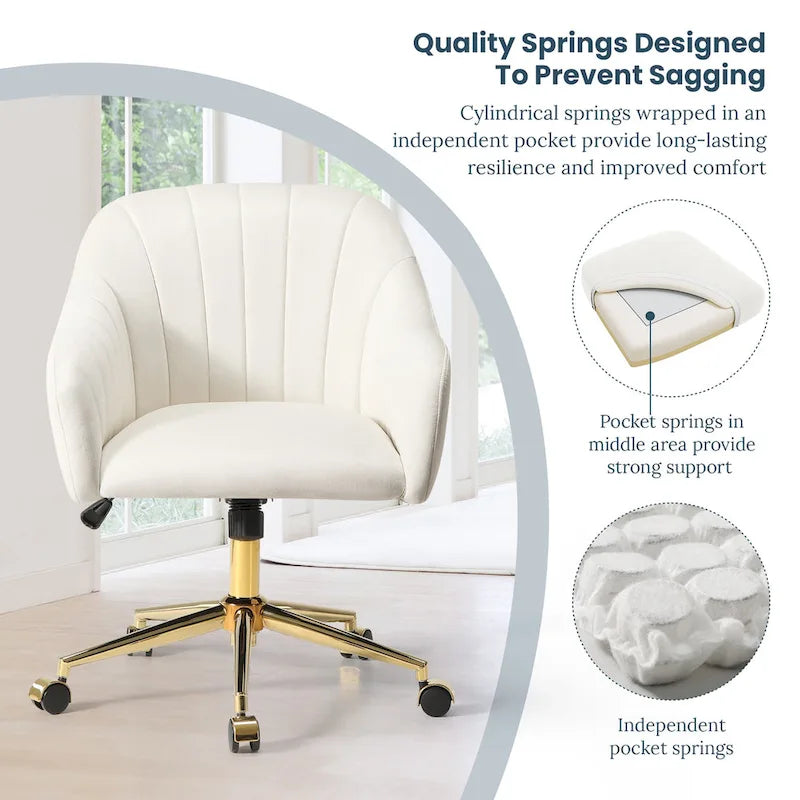 Chaise de bureau pivotante en velours capitonnée et réglable en hauteur avec piètement doré