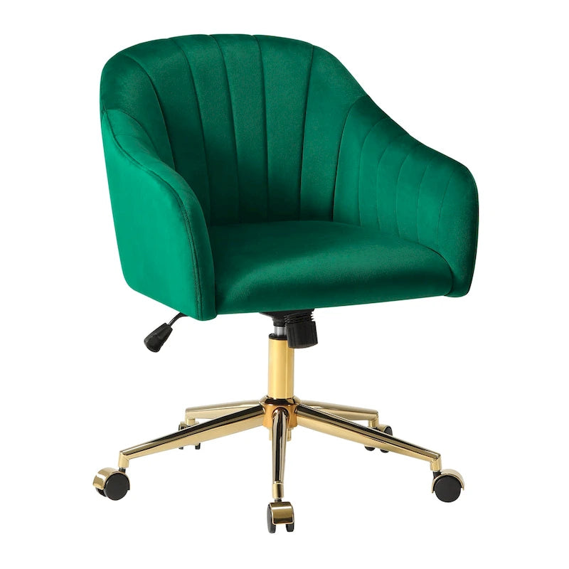 Chaise de bureau pivotante en velours capitonnée et réglable en hauteur avec piètement doré
