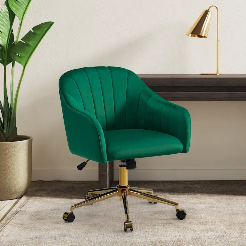 Chaise de bureau pivotante en velours capitonnée et réglable en hauteur avec piètement doré
