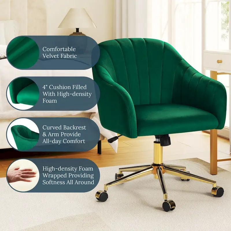 Chaise de bureau pivotante en velours capitonnée et réglable en hauteur avec piètement doré