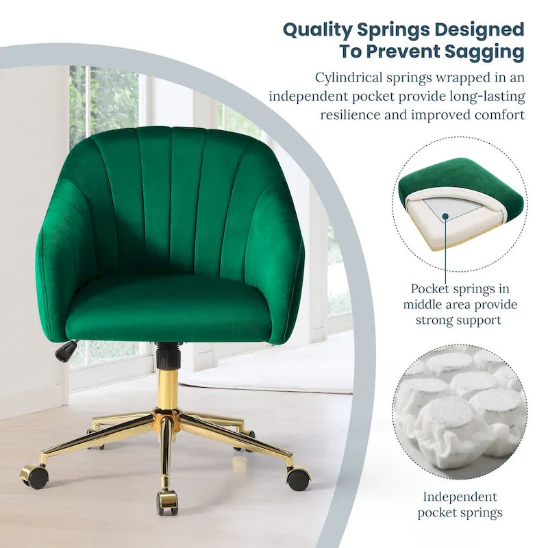Chaise de bureau pivotante en velours capitonnée et réglable en hauteur avec piètement doré