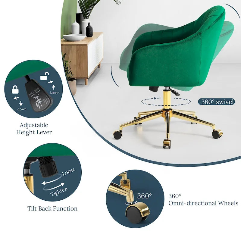 Chaise de bureau pivotante en velours capitonnée et réglable en hauteur avec piètement doré
