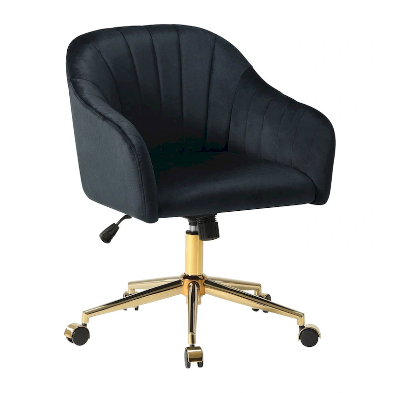 Chaise de bureau pivotante en velours capitonnée et réglable en hauteur avec piètement doré