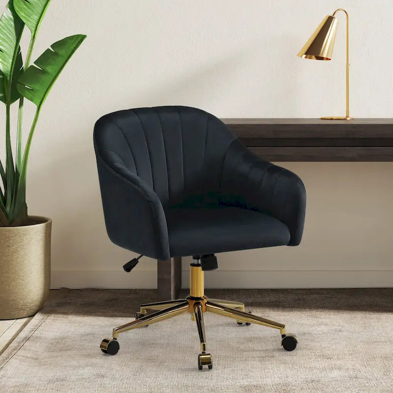 Chaise de bureau pivotante en velours capitonnée et réglable en hauteur avec piètement doré