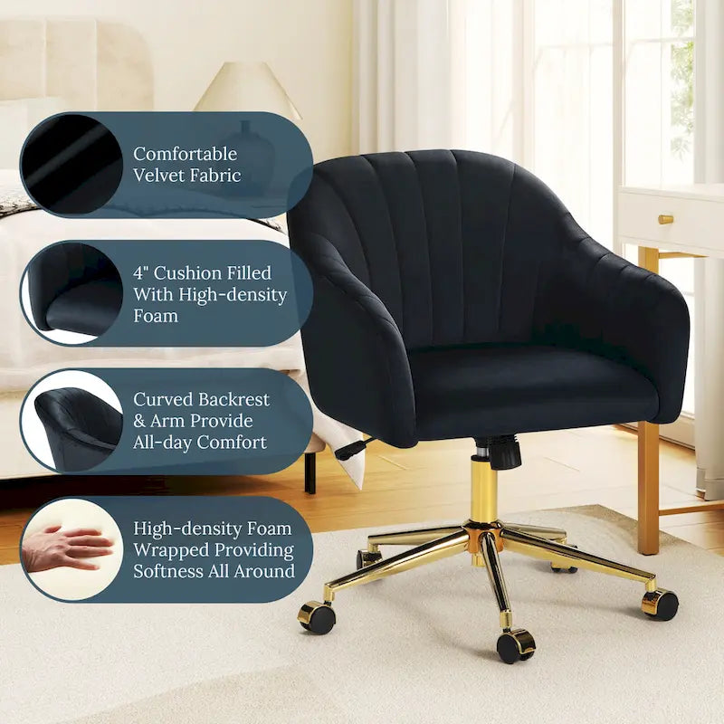 Chaise de bureau pivotante en velours capitonnée et réglable en hauteur avec piètement doré