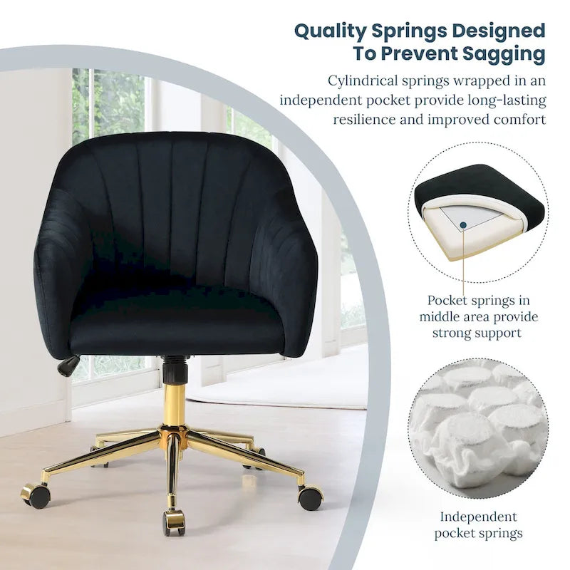 Chaise de bureau pivotante en velours capitonnée et réglable en hauteur avec piètement doré