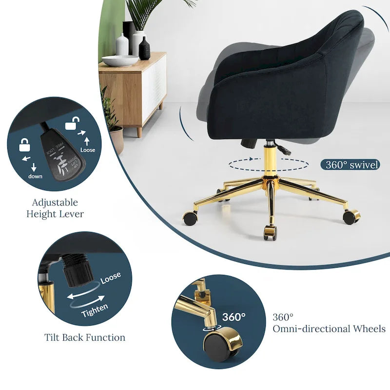 Chaise de bureau pivotante en velours capitonnée et réglable en hauteur avec piètement doré
