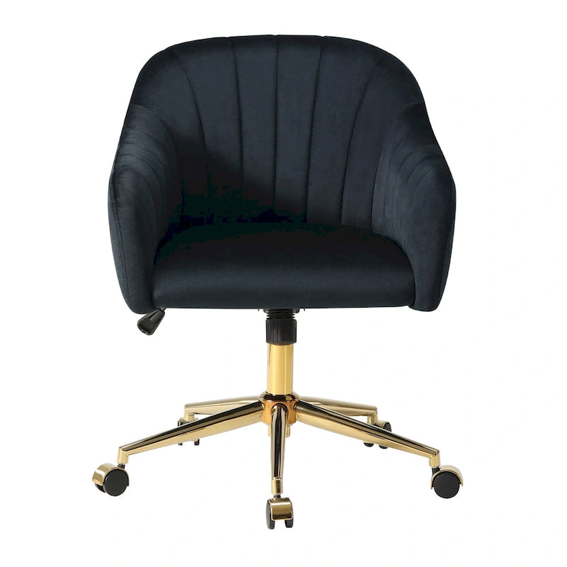 Chaise de bureau pivotante en velours capitonnée et réglable en hauteur avec piètement doré