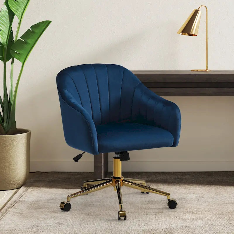 Chaise de bureau pivotante en velours capitonnée et réglable en hauteur avec piètement doré