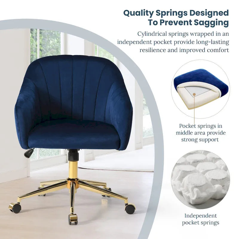Chaise de bureau pivotante en velours capitonnée et réglable en hauteur avec piètement doré