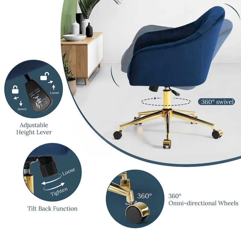 Chaise de bureau pivotante en velours capitonnée et réglable en hauteur avec piètement doré
