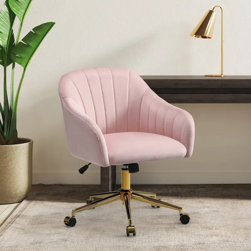 Chaise de bureau pivotante en velours capitonnée et réglable en hauteur avec piètement doré