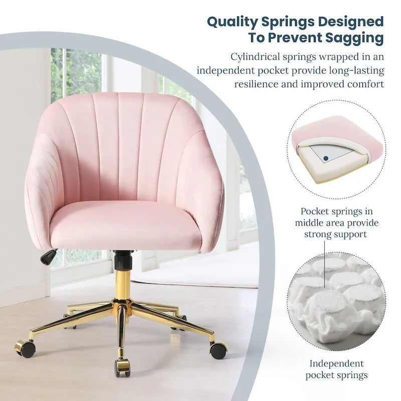 Chaise de bureau pivotante en velours capitonnée et réglable en hauteur avec piètement doré