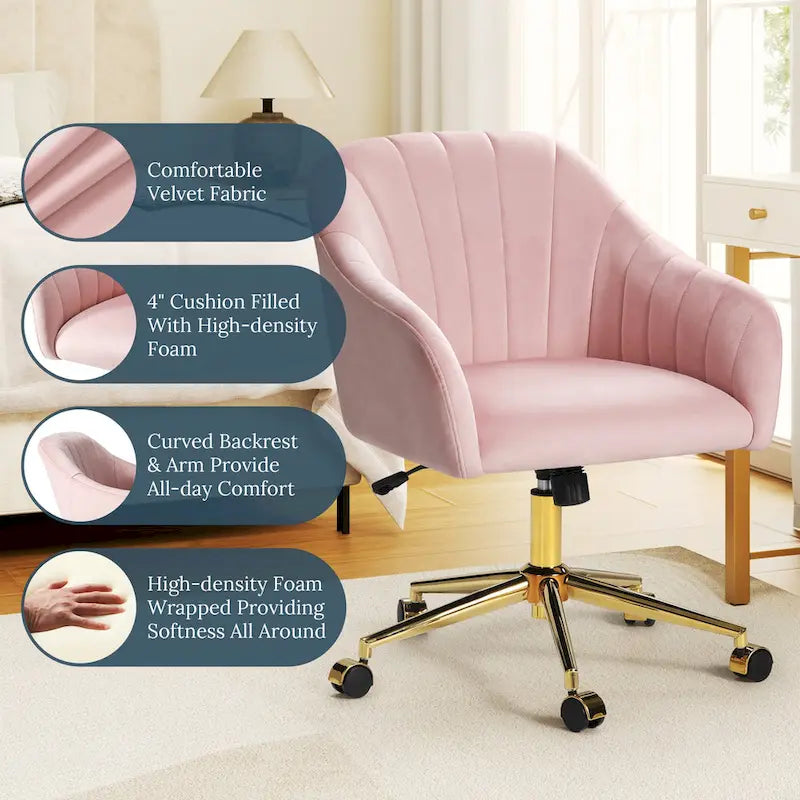 Chaise de bureau pivotante en velours capitonnée et réglable en hauteur avec piètement doré