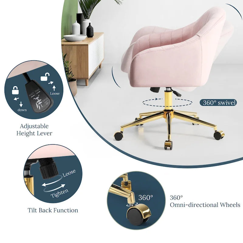 Chaise de bureau pivotante en velours capitonnée et réglable en hauteur avec piètement doré