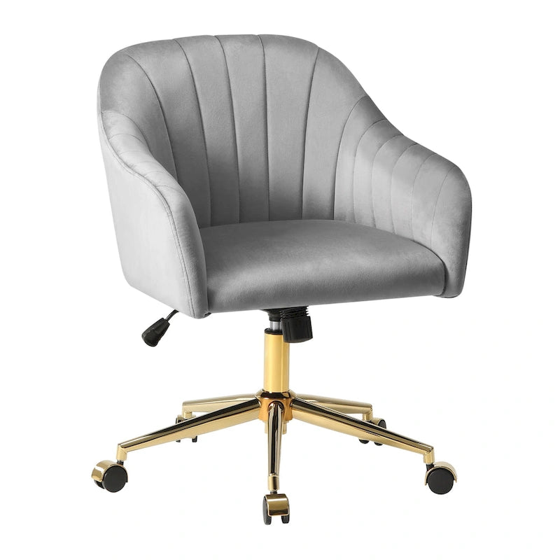 Chaise de bureau pivotante en velours capitonnée et réglable en hauteur avec piètement doré